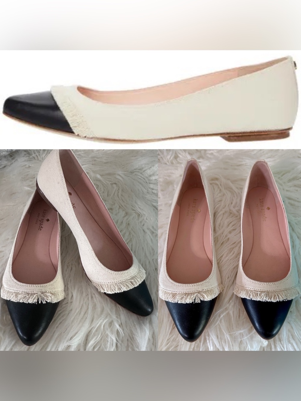 Kate Spade Nelly Ballet Flat Natural Canvas Black Cap Toe Flats Size 6 New